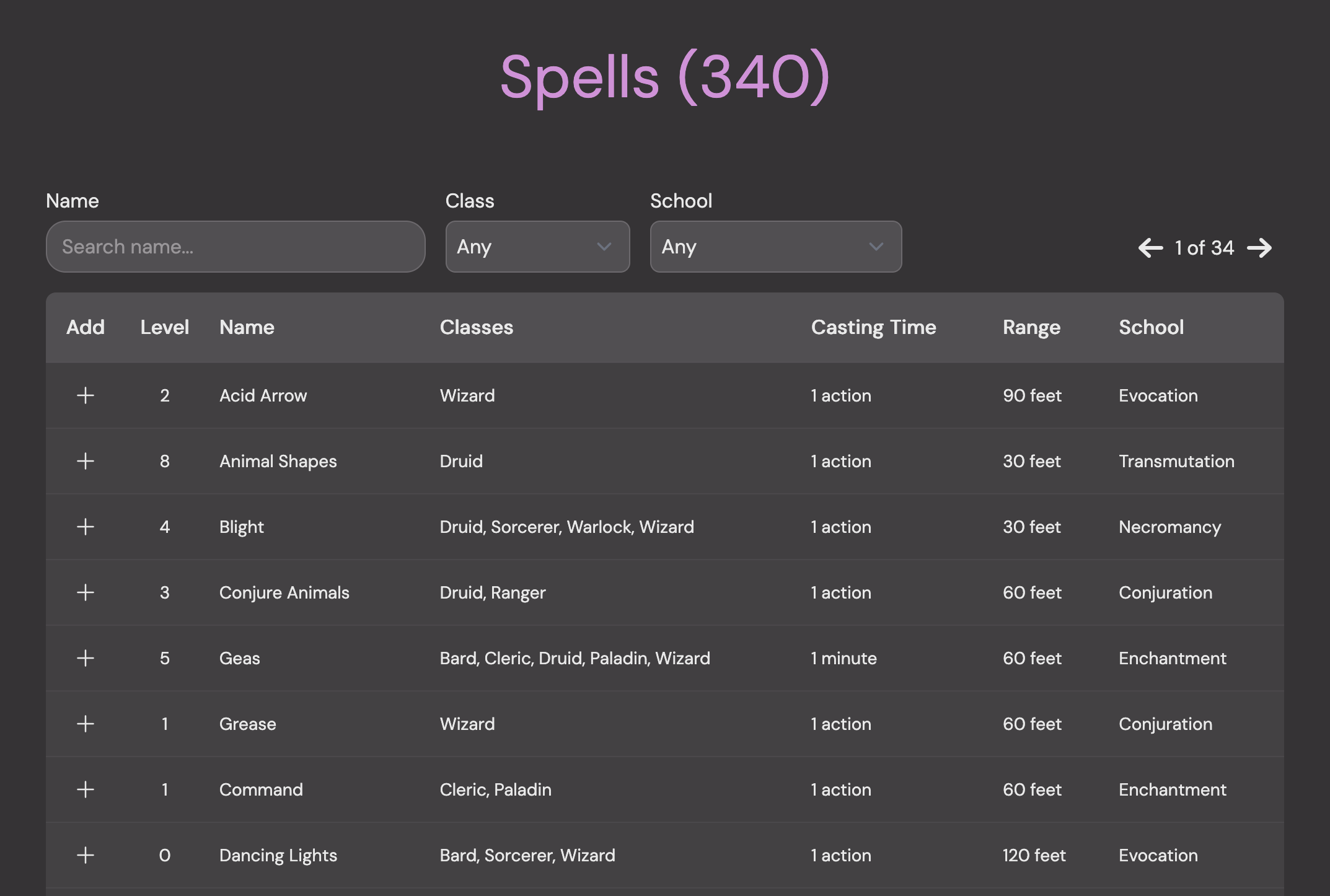 a table of different DND5e spells